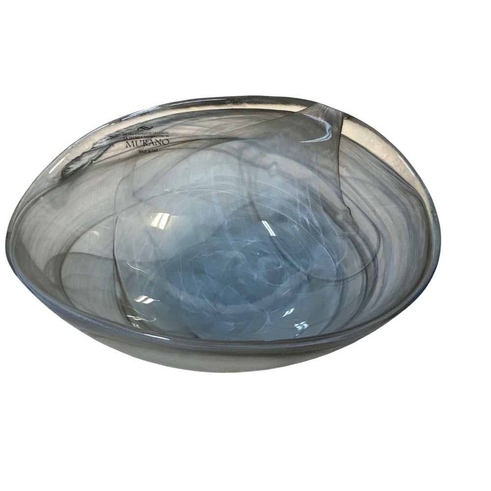 Murano Italian Art Glass Grey Blue Swirl Oval Bowl Hand Blown Made in Italy 9.5"